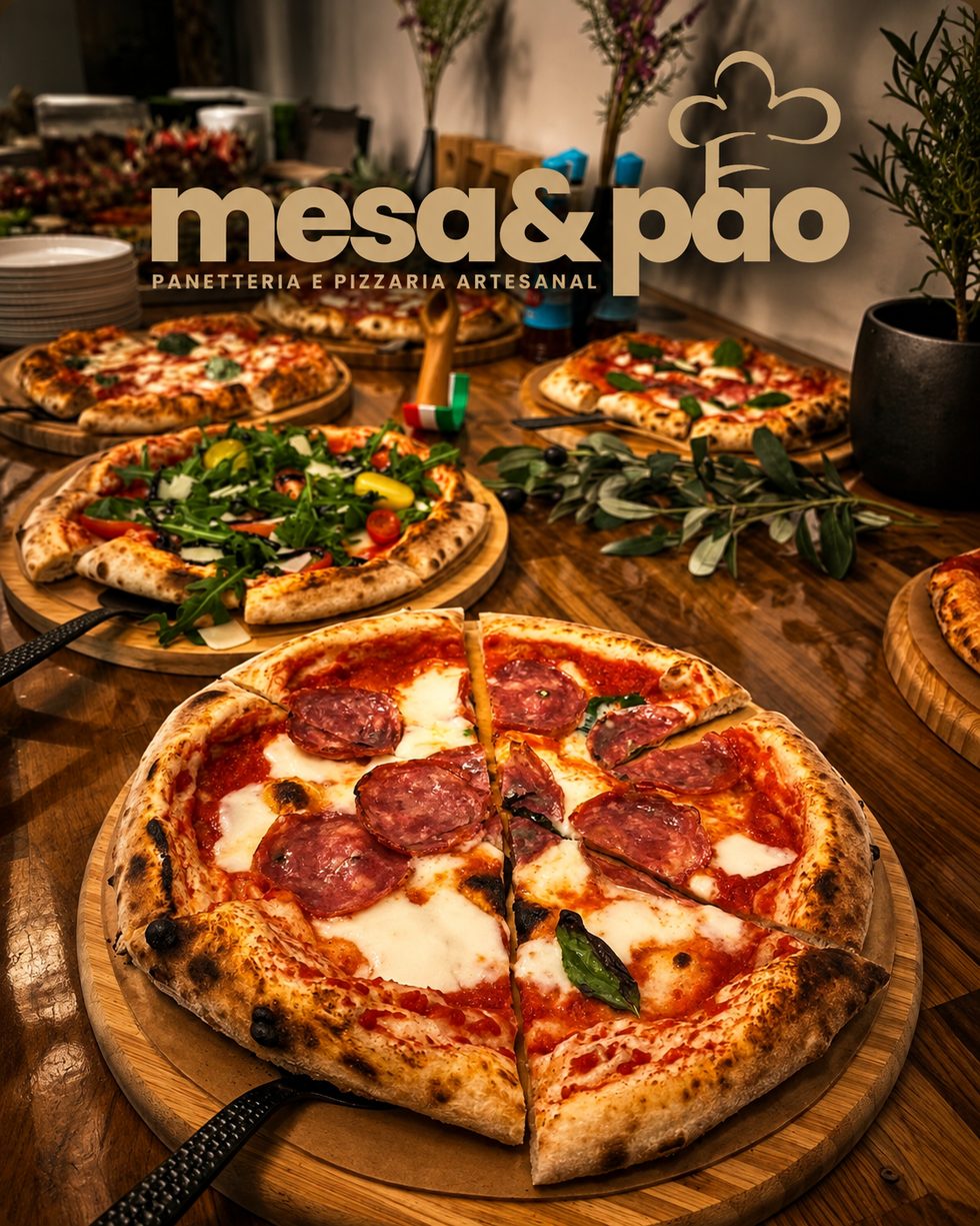 Pizza artesanal Mesa & Pão preparada para eventos